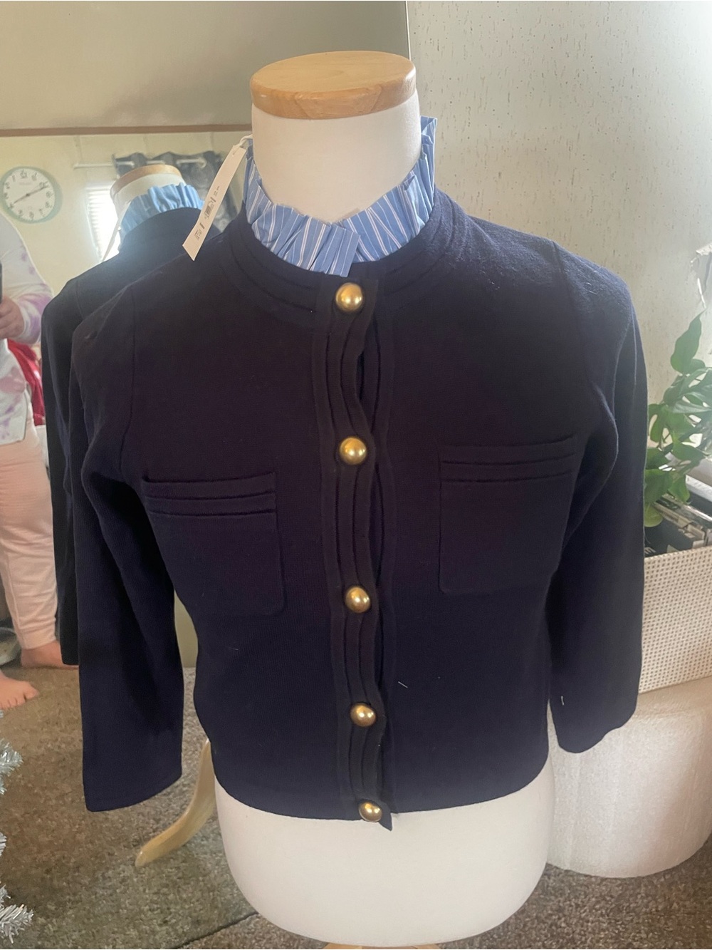 Cropped Navy Knit Jacket with Gold Buttons